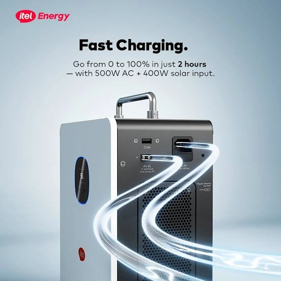 Itel Power Tank with carry handle and charging connections, shown in the Fast Charging product graphic